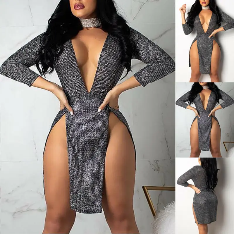 

2019 New Fashion Women Sexy Sequin Mini Dress Long Sleeve Deep V Neck Bodycon Dress Party Dress Autumn Vestidos