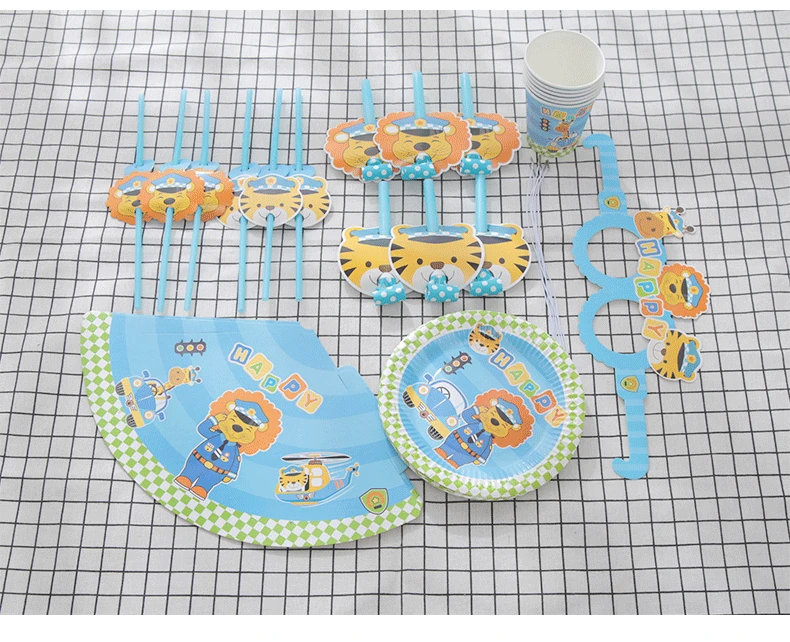 

36pcs Tiger Police Theme Birthday Party Decoration Kids Disposable Tableware Set