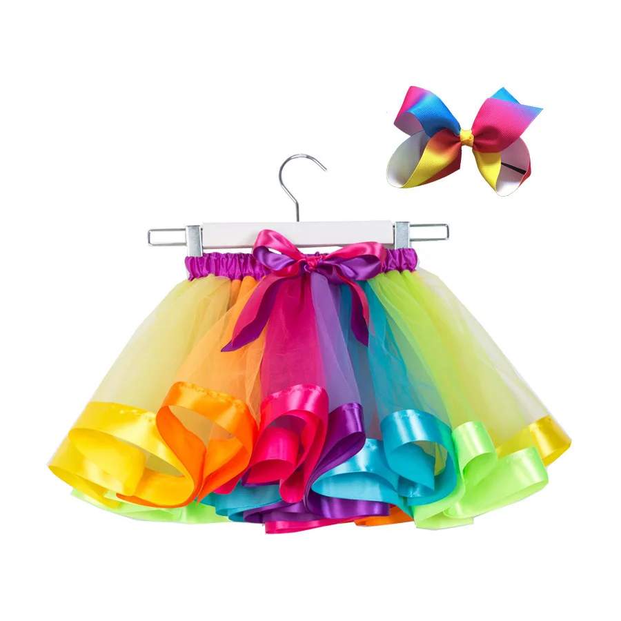 

Rainbow Tutu Skirt Kids Clothing Above Knee Mini Mesh and Satin Girls Skirts with Bow Party Summer Dresses