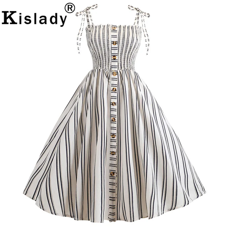 Женское винтажное платье на бретельках Повседневное в полоску с цветочным