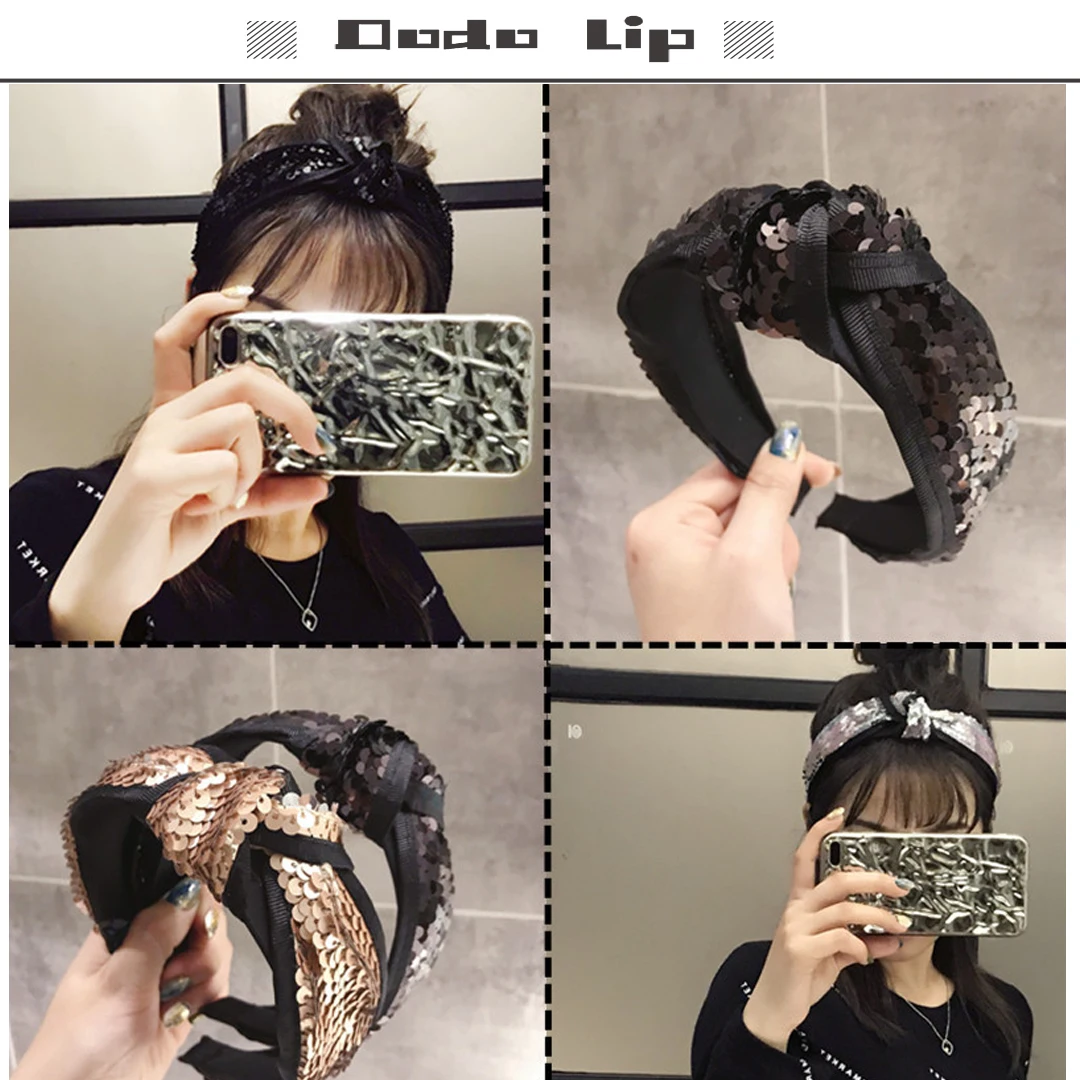 

BEZEL Korean style knotted high-end boutique summer hair accessories fashion headbands with sequins wide edged hair hoops beach