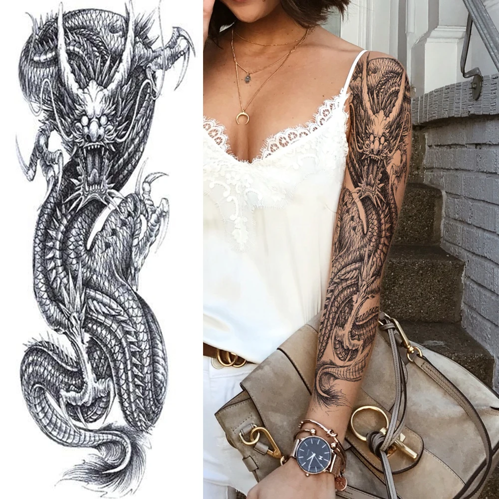 

Black Maori Temporary Tattoos Sleeve For Men Women Realistic Fake Totem Tatoos Temporary Large Covers Up Dragon Lion Tatoo Paste