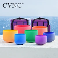 cvnc 8 14 inch perfect pitch set of 7pcs colored frosted quartz chakra crystal singing bowls for calm sound bath with carry bag