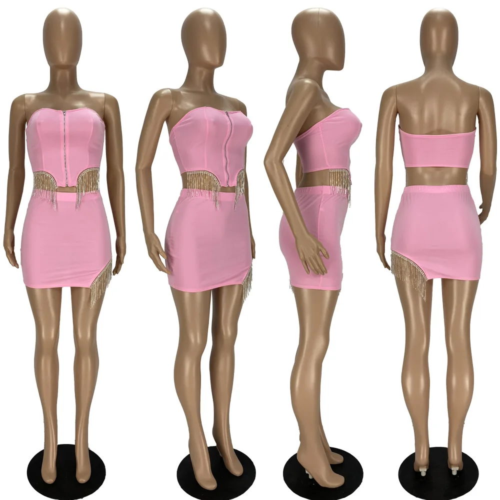 

Sexy RhinestonesTassel Patchwork 2 Piece Set Woman Off The Shoulder Zipper Irregular Crop Top + Bodycon Skirts Two Piece Set