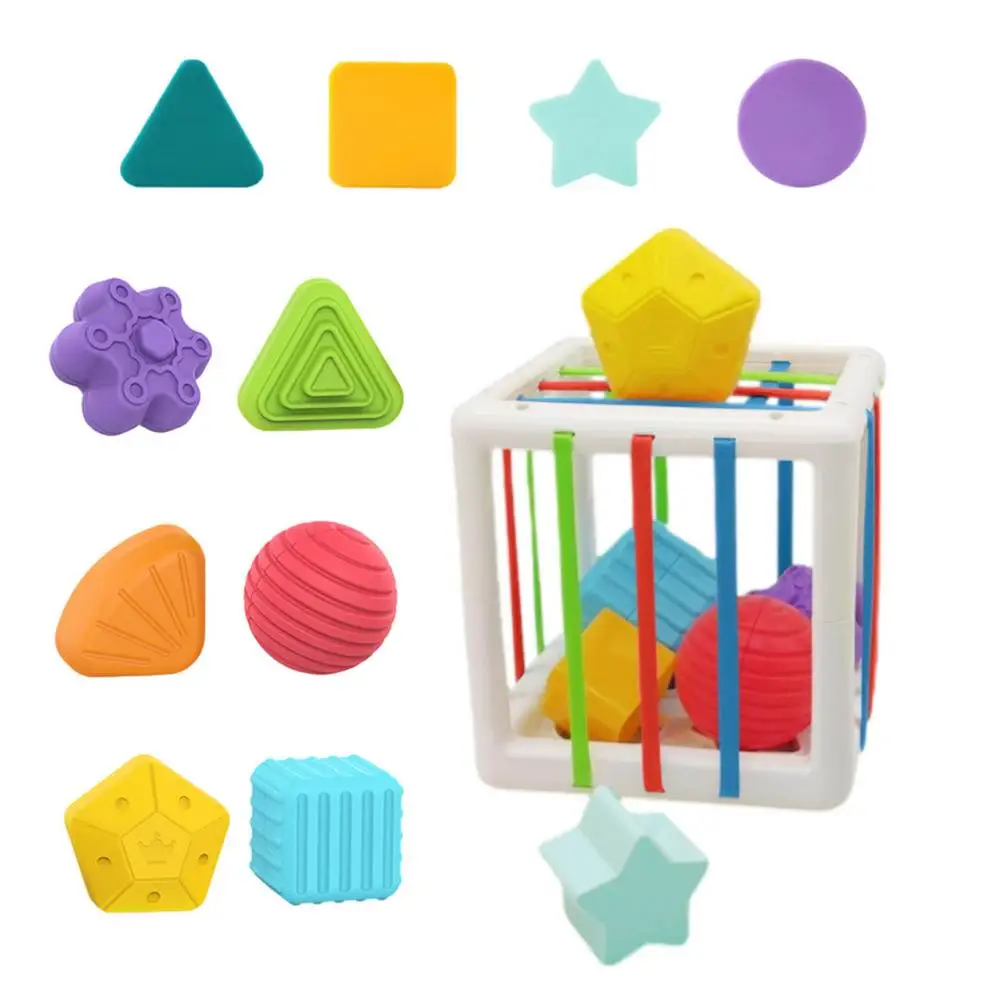

Baby Sensory Bin Baby Sorter Toy Colorful Elastic Rope Cubes And 10 Multi-Sensory Shapes Montessori Toys Learning Sensory Bi