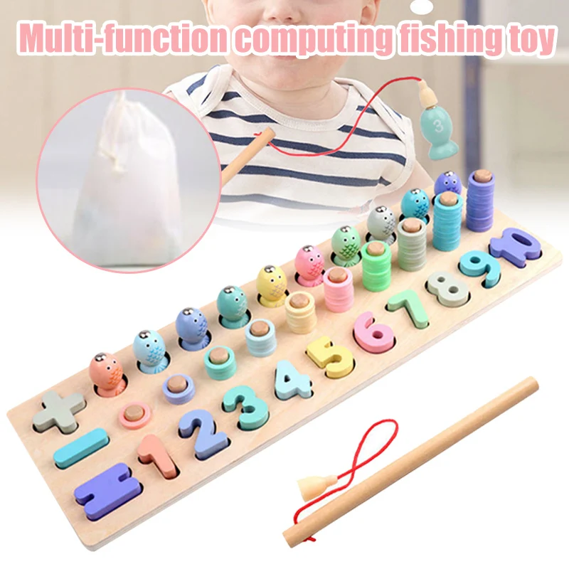 

1 Set Kids Logarithmic Wooden Board Toy Computing Magnetic Fishing Game Log Board BM88