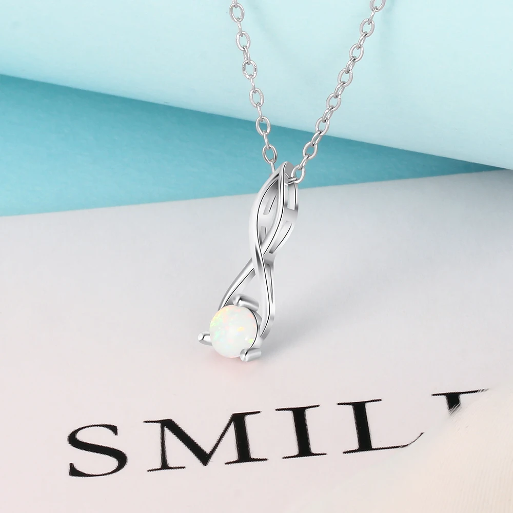 Infinity Shape Round White Opal Necklace 925 Sterling Silver Pendant Necklaces for Women Chain Link Necklaces Female Silver 925