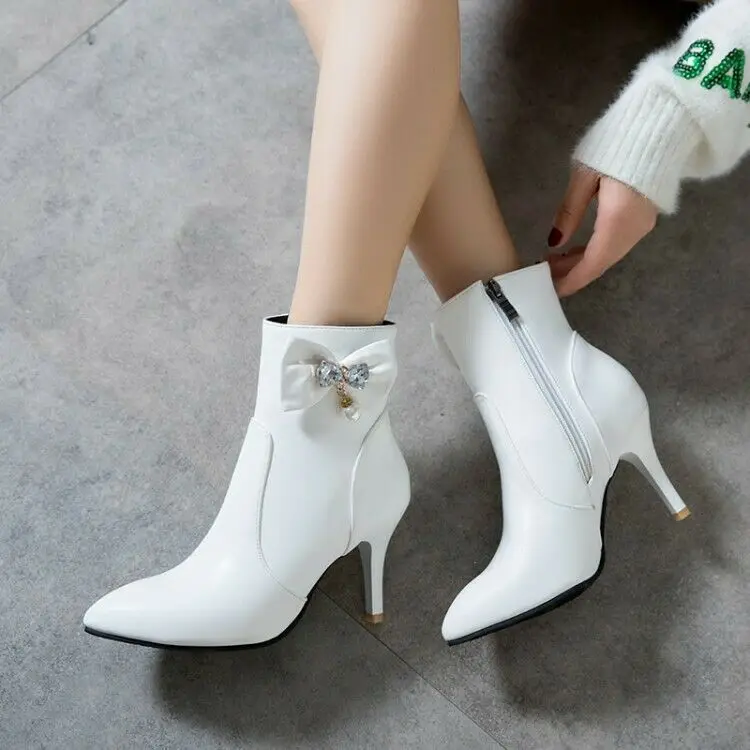 

Женские Модные ботильоны со стразами и бантом с острым носком обувь на среднем каблуке с котятами