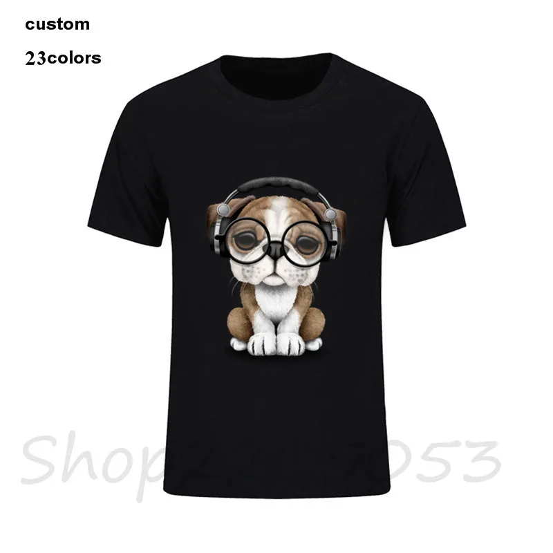 2020 Английский бульдог щенок Dj носить наушники и очки Мужская футболка Мопс