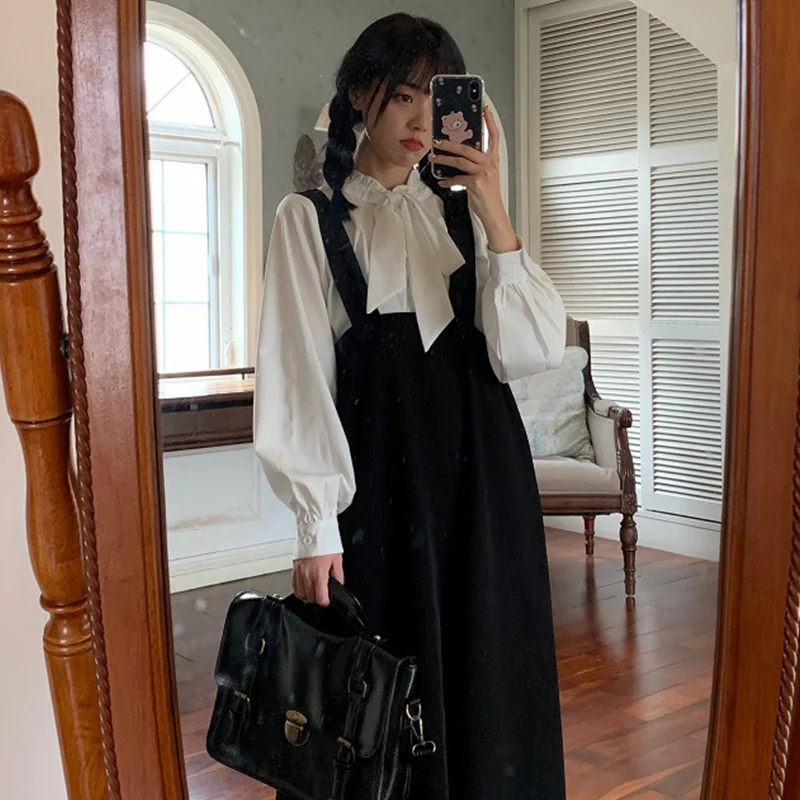 

Autumn Suspender Skirt Outfit Women's Long-Sleeved Dress Design Sense Niche Skirt Fairy Lady Super Fairy Mori Style Retro Dress