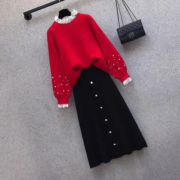 

Women 2021 Spring Autumn New Fashion Casual Loose Knitted Sweater Pullovers and High Waist A-Line Skirts 2 Piece Sets Suit A629