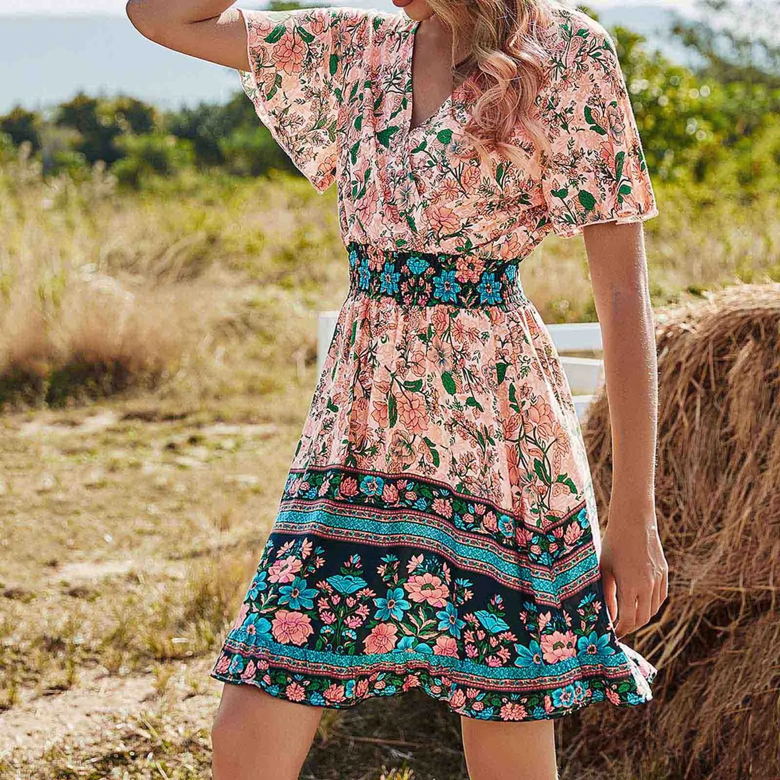 

Bohemian Holiday Dress for Women Spring and Summer Flower Print Dress Mini Sexy Female Robe High Waist Short Sleeved A-Line