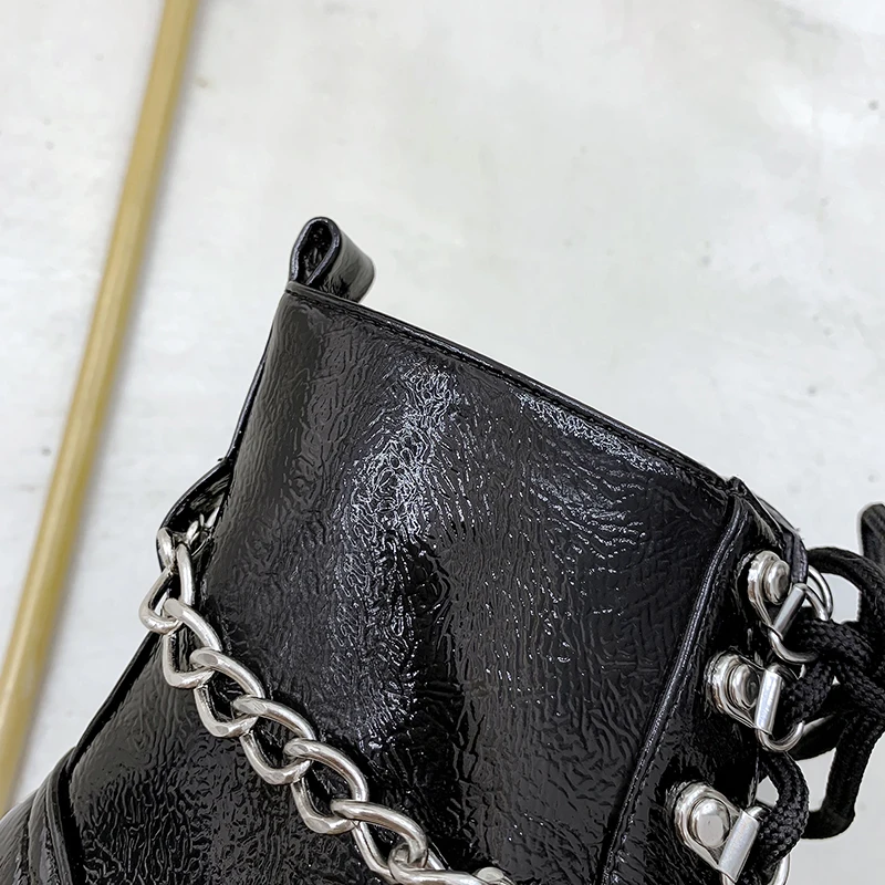 Women Ankle Boots Fashion Black Metal Chain Gothic Shoes Casual Lace Up Square Heels Platform Size 34-43 | Обувь
