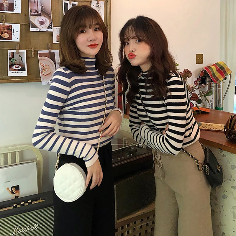 

Korean Style Colorful Stripe Pattern Knit Pullover Fashion Novel high collar Sweater