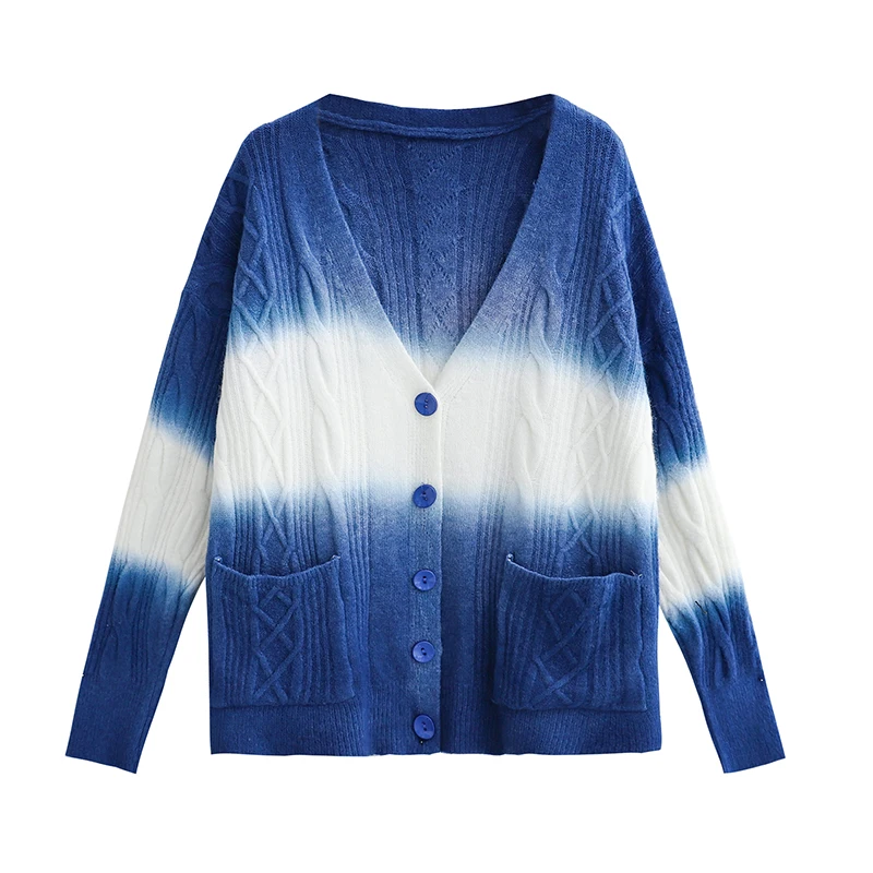 

Tie-Dye Gradient Stripe Knitted Cardigan Top Lazy Style Sweater Women Fashion Single Breasted Knit Coat 6856