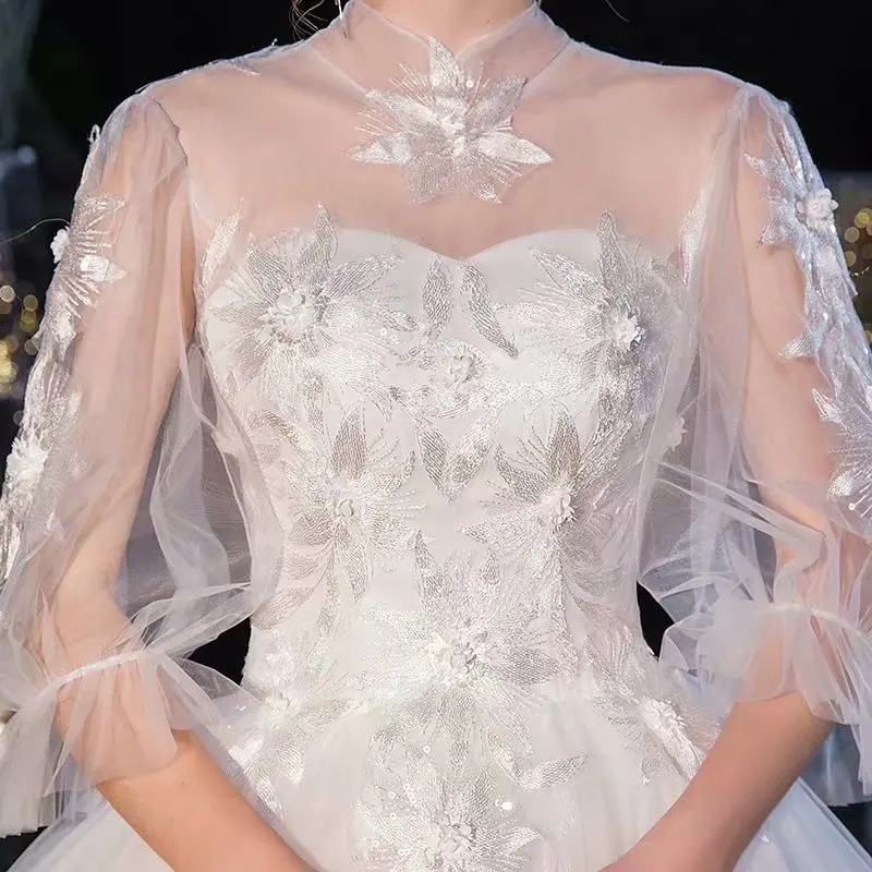 

2021 Plus Size Wedding Dress Tulle Lace Appliques Puff Sleeves A-Line Vestidos De Novia Bridal Gowns