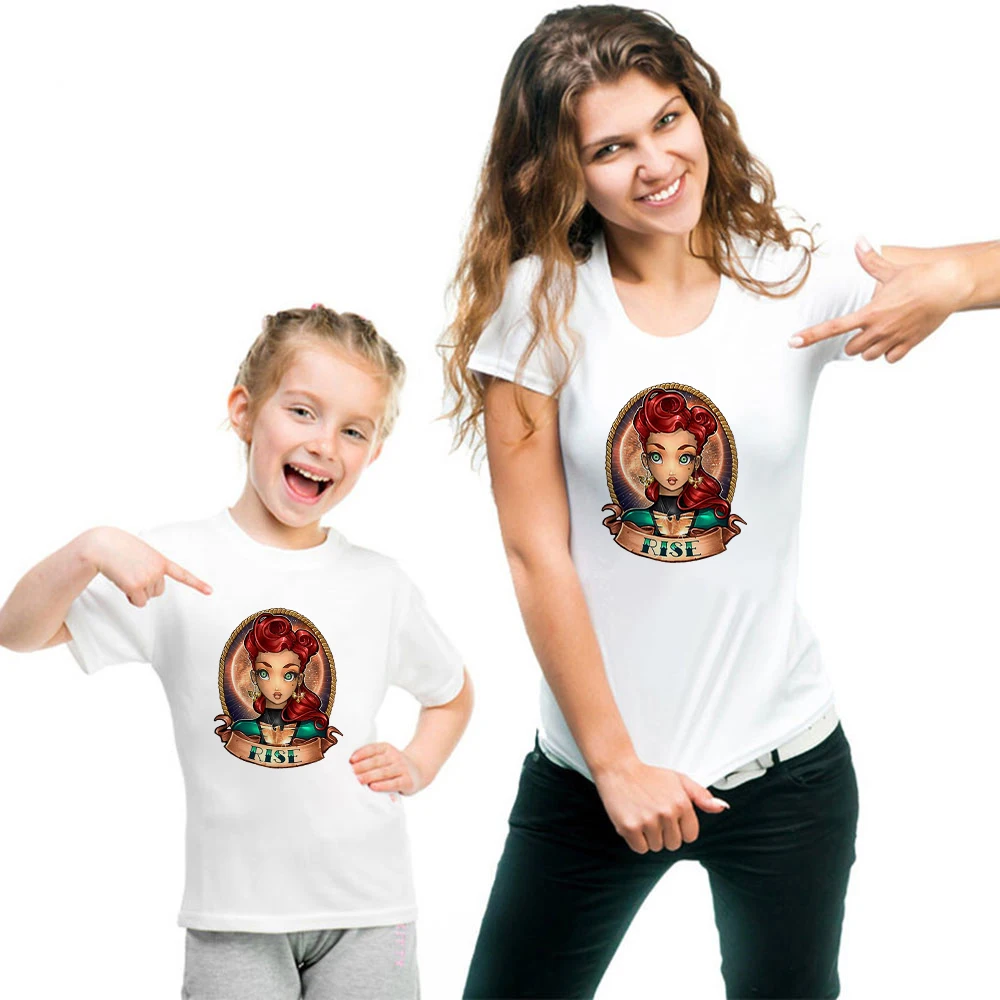 

Disney RISE Captain Marvel Harajuku T-shirt Women Clothes Children Girls Summer Kids Top Streetwear Family Look Outfits