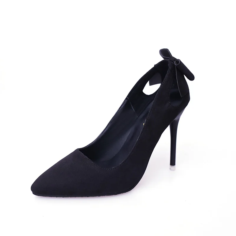 

2020 Spring Autumn New Women's Single Shoes Korean Fashion Black Pointed High Heels Wild Suede Shallow Mouth Bow Women's Shoes