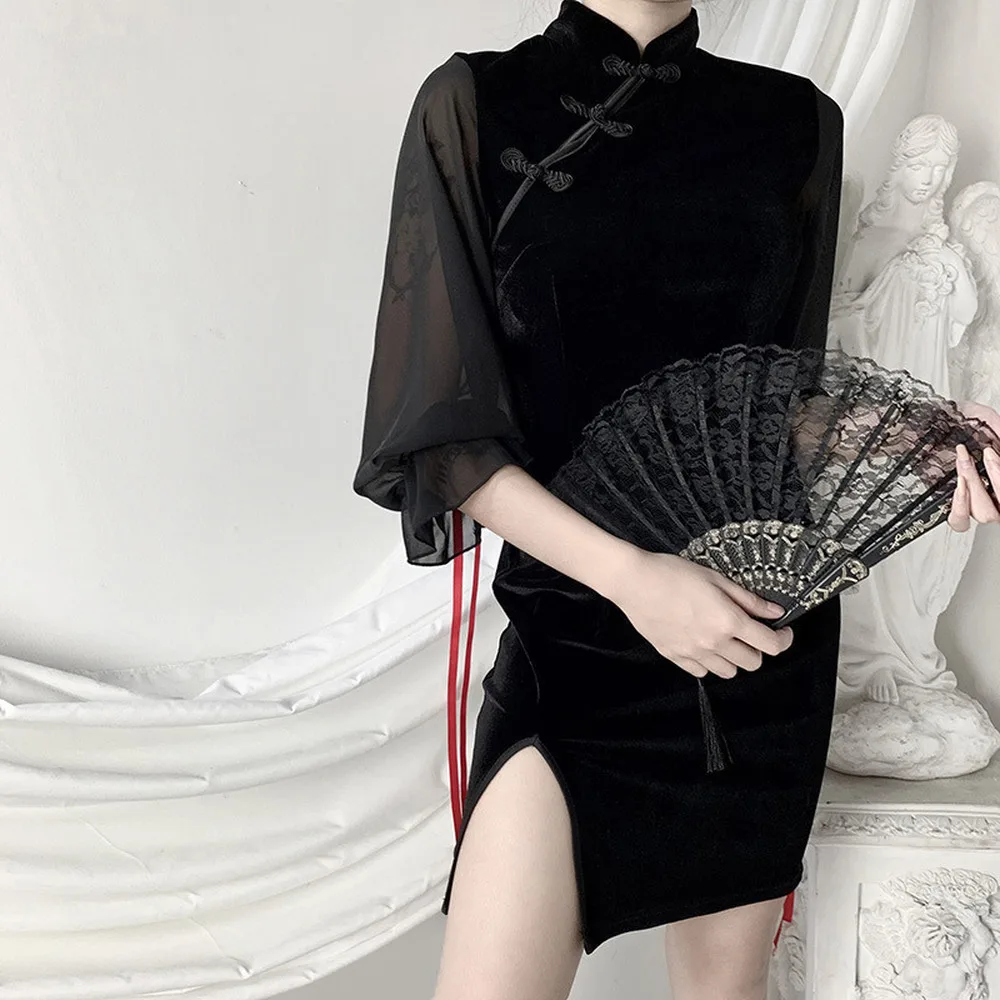 

Vintage 2020 New Sexy Off Shoulder Black Dress Women Gothic Velvet Mini Dress Mesh Puff Long Sleeve Female Party Vintage Dresses