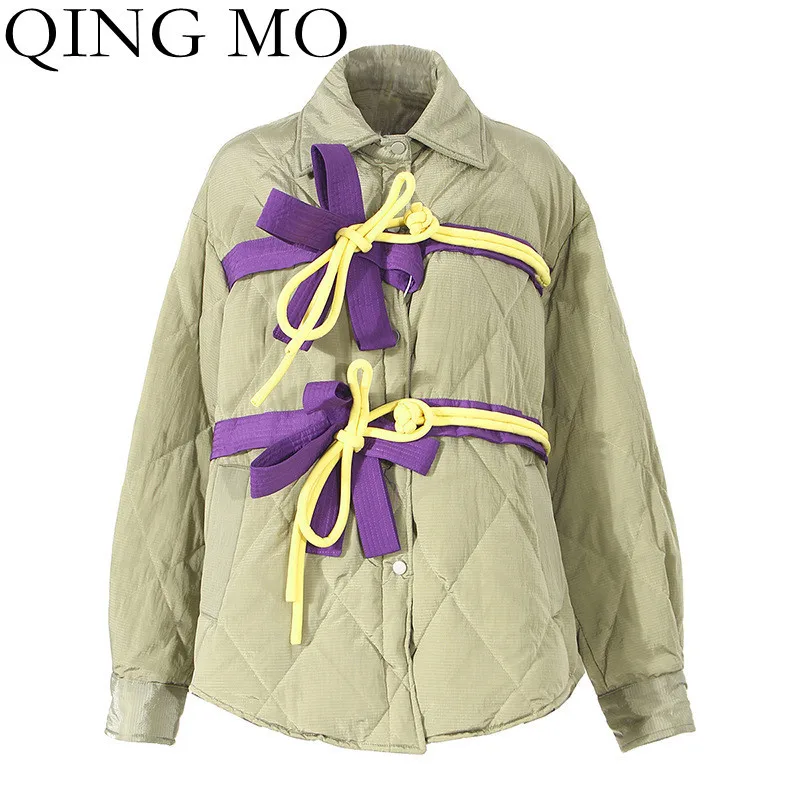 

QING MO 2021 Autumn New Bow Hit Color Retro Plaid Plus Cotton Jacket Women Fashion Design Single breasted Women's Jacket ZWL1619