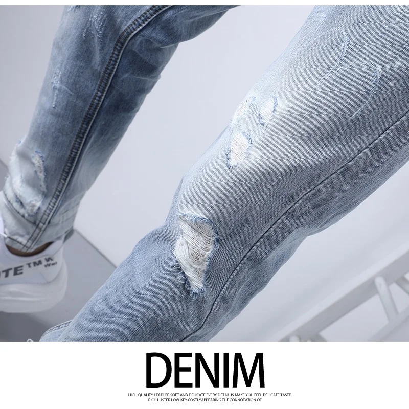 

Summer Men Ripped Jeans Slim Fit Ankle-Length Pants Hip Hop Streetwear Light Blue Distressed Denim Trousers
