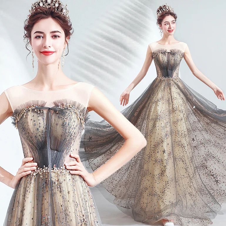 

Новинка 2020, модные золотистые серые блестящие тюлевые Аппликации, Роскошные вечерние платья со стразами, платье для невесты, модель ND10