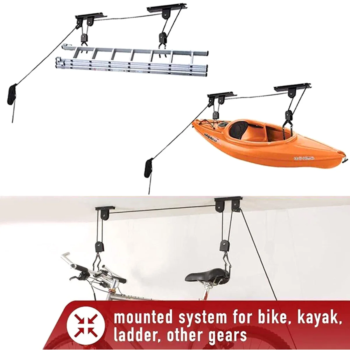 

Black 55 lbs Ceiling Lift Cargo Racks For Bicycle Bike Storage Garage Hanger Mounted Hoist Pulley Rack Metal Lift Assemblies
