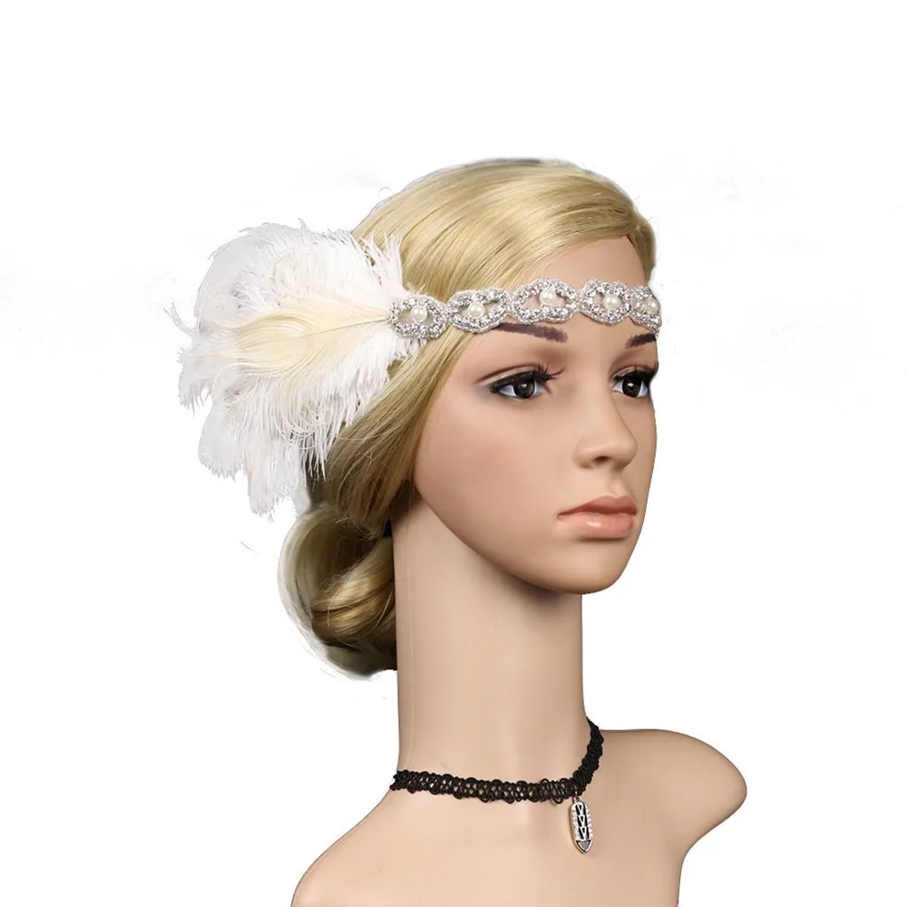 

high quality 1920s Headpiece Feather Flapper Headband Great Gatsby Headdress Vintage Party Queen Costume Dress Hair Accessories