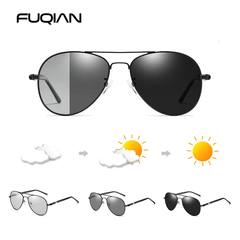 FUQIAN Fashion Photochromic Sunglasses Men Women Chameleon Polarized Pilot Sun Glasses Anti-glare Driving Eyeglasses UV400