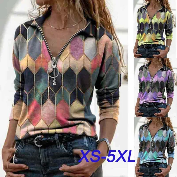 

V-neck Long Sleeve Shirts Casual Zipper Turn-down Collar Tunic Tops Ladies Daily Plus Size Blouses Loose Pullover T-shirts