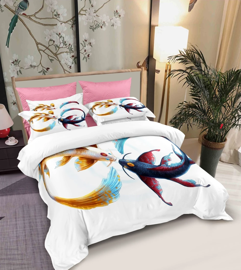 

Новый комплект постельного белья с рыбками, одинарный, двойной, полный, Королевский, большой размер, Комплект постельного белья с изображен...