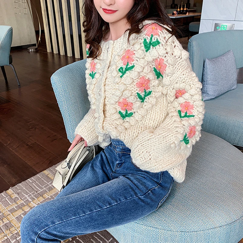 

Embroidery Knitted Sweater Coat Outwear Tops Knit Cardigan 2020 New Autumn Winter Single-breasted Vintage Flower