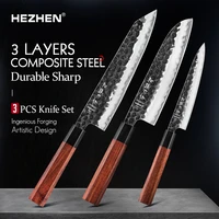 hezhen 1 3pc kitchen knife set chef utility santoku professional clad steel japanese cook for meat kitchen knife rosewood