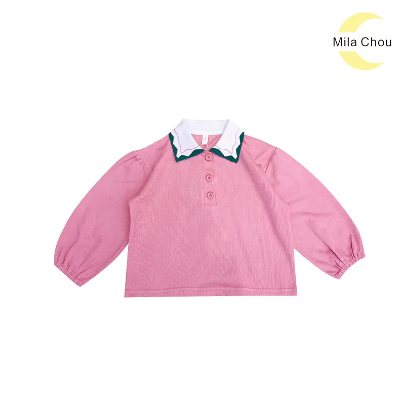 MILA CHOU 2021 Autumn Baby Girls Cotton Polo Collar All-match Full Sleeve T-shirt Kids Children Pullover Pink Tops Tee 2-8Y