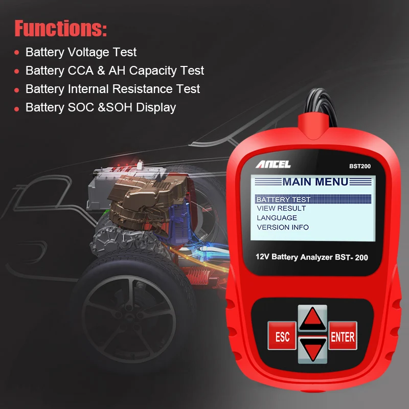 Ancel BST200 автомобиля Батарея тестер вспышка Многоязычный интерфейс 12V 1100CCA