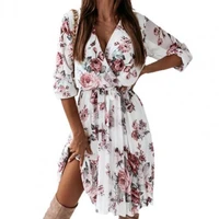 2022 the new factory price hot sale high quality ladies fashion v neck chiffon floral print long sleeve dress