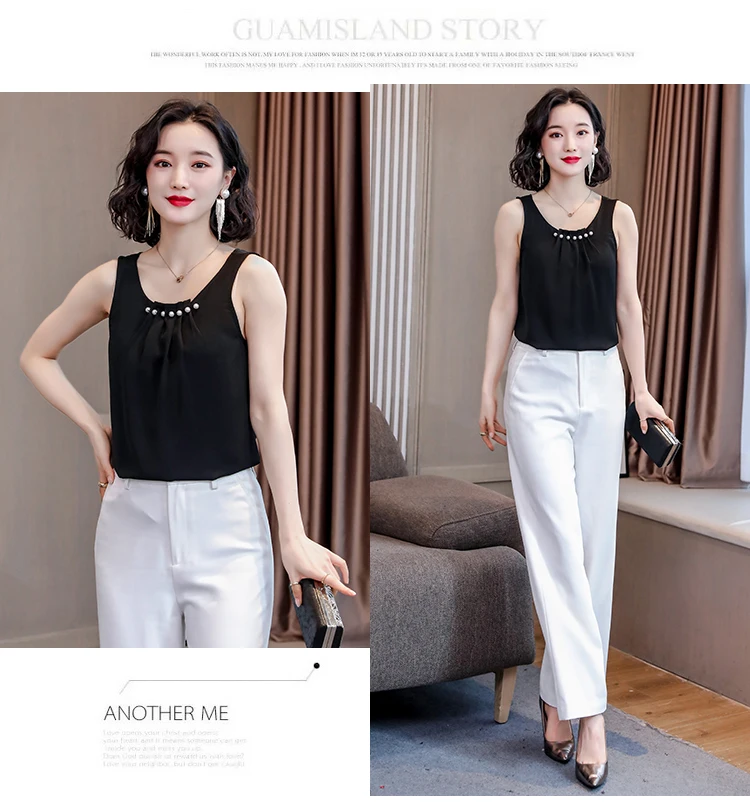 

Chiffon Tops Women Korean Style Elegant Woman Beading Tank Top Office Lady Black Tanks Plus Size Women Solid Sleeveless Tops Tee