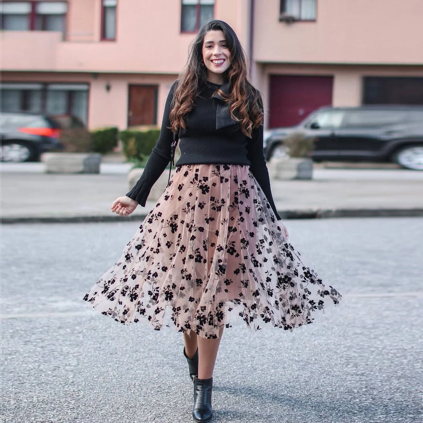 

Glamorous Tulle Ball Gown Fashion Tiered Tulle Mid-Calf Streetwear Skirts Elastic Waistline Lace Floral Print Casual Skirt
