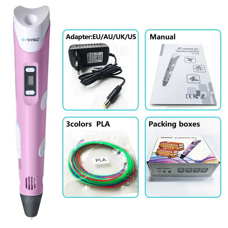 Pink pen Package 1 Myriwell 3d Ручка 3d ручки, светодиодный дисплей, ABS/PLA нити, подарки для детей зарядка через USB, 3 d Ручка 3d модели Smart 3d печать pen-3d Волшебное перо - Цвет: Pink pen Package 1