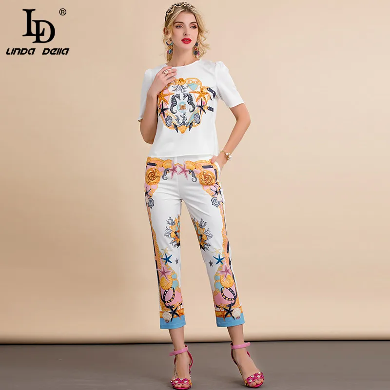 LD LINDA DELLA 2022 New Designer Autumn Fashion Two Piece Set Women's White Print Blouse and High waist Pants Suits enlarge