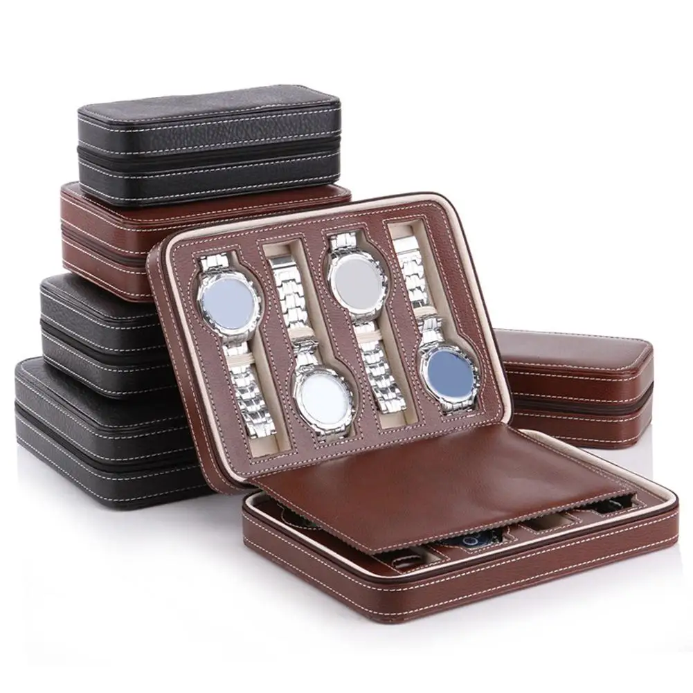 

watch box Velvet Watch Box Jewelry Organizer Box 2/4/8 Grids Portable Faux Leather Zipper Travel Watch StorageCase Box Organizer