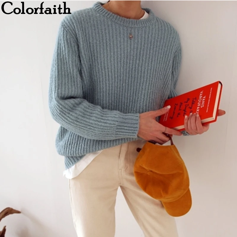Colorfaith New 2019 Autumn Winter Women's Sweaters Knitting O-Neck Fashionable Minimalist Tops Korean Style Loose Ladies SW5089 | Женская