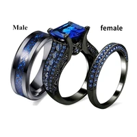 fashion female jewelry couple ring womens blue zircon engagement ring set mens stainless steel wedding ring anniversary gift