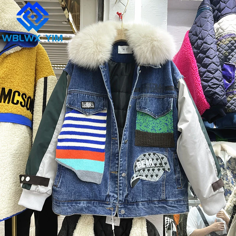 

Jeans Jacket Women Winter Coat Fur Collar Fashion Letter Embroidery Spliced Denim Jackets Female Thick Warm Loose Cotton Coat