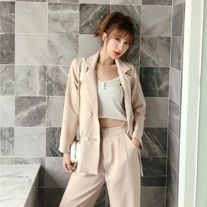 JuneLove Весна Осень Женщины Узелок Pant Suit Vintage Зубчатый Blazer куртки & офиса одежда