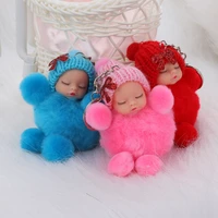 1 pcs cute sleeping baby bowtie fluffy pompom fur plush doll keychain keyring key ring women girls bag pendant jewelry