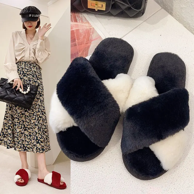 Autumn and Winter Plush Fashion Home Furry Cotton Slippers for Women's Outer Wear Flat-bottom Non-slip Warm Women's Slippers