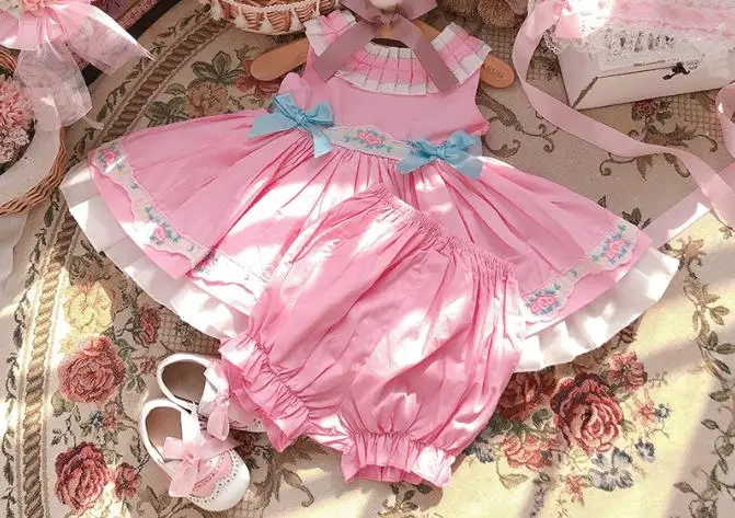 

3PCS Summer New Spanish Lolita Vintage princess dress sleeveless Pink Embroidery dress for girls Birthday party vestidos Y3047