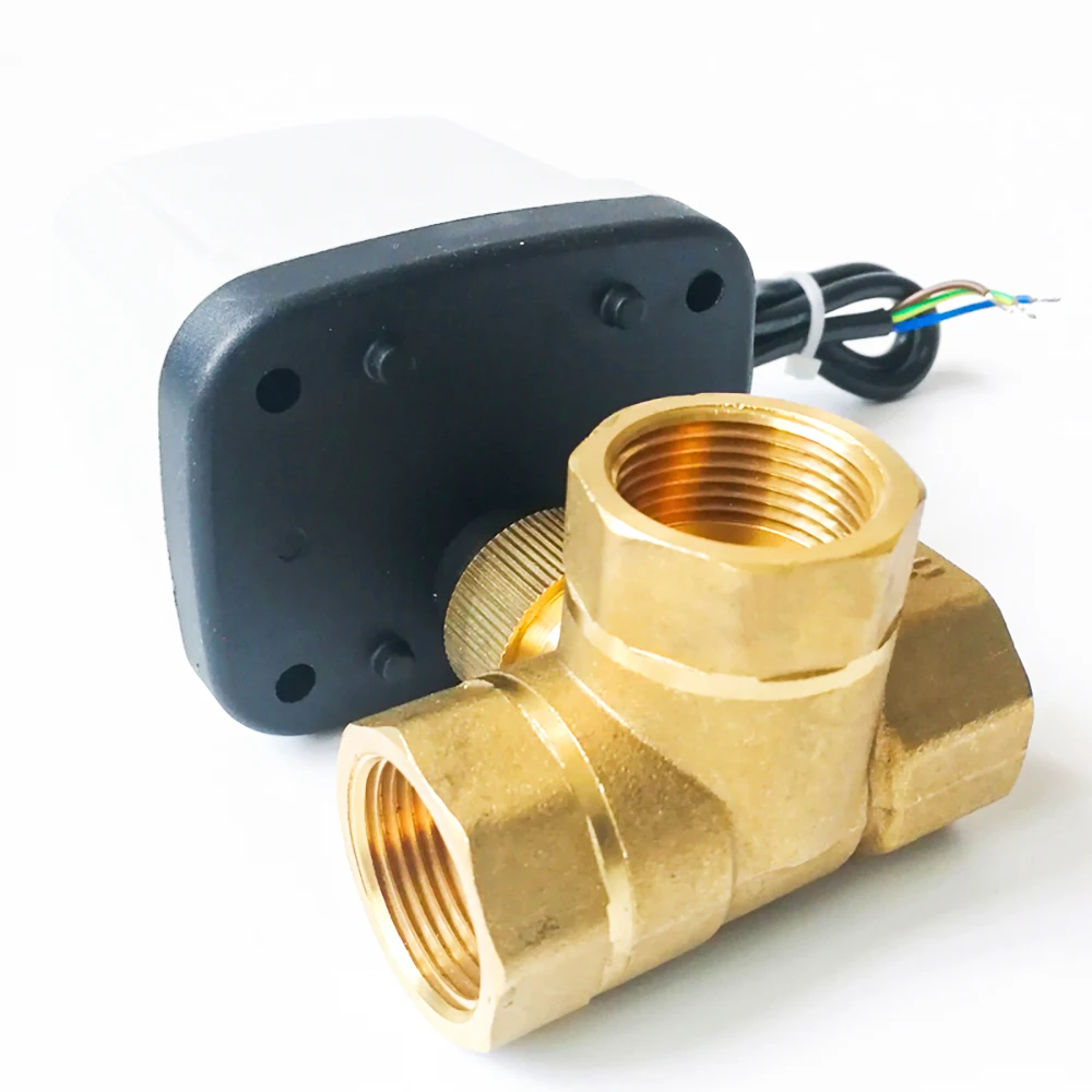 

DC12 to 24V 3 WAY T type Electric motorized valve 3/4" brass valve body, 3 wires 2 control valve actuator for water treatment