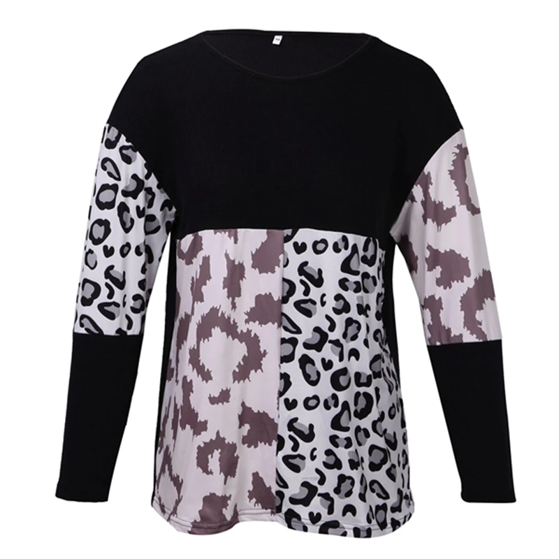 Women's Fashion Round Neck Leopard Print Stitching Printed Long Sleeve Sweater Top |